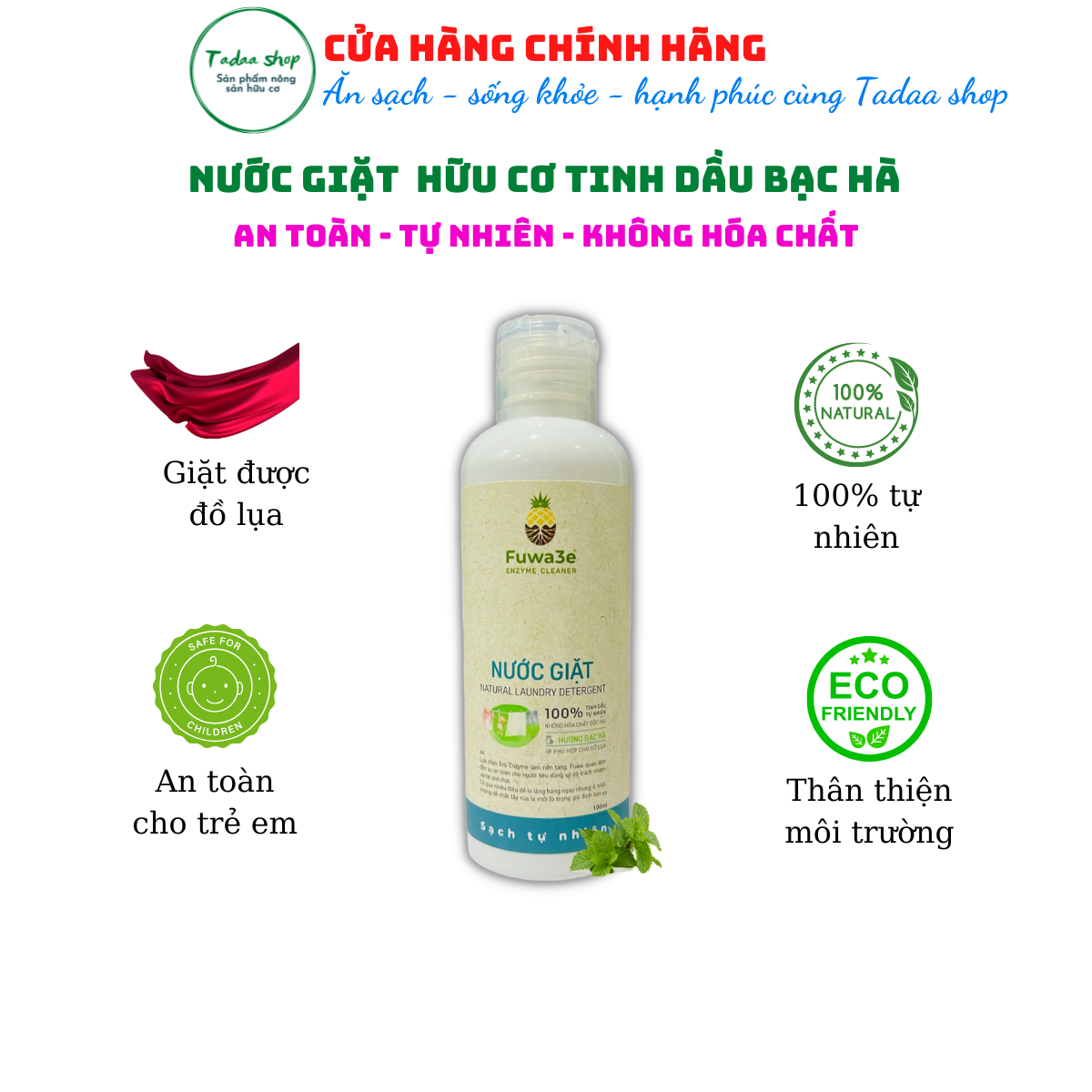 Nước giặt hương bạc hà Organic sinh học Fuwa3e chuyên giặt đồ lụa, bảo vệ da tay chai 100ml