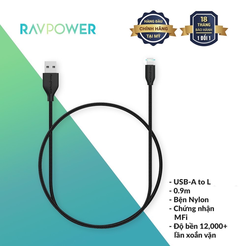 Cáp Sạc USB to Light ning RAVPower RP-CB019 Dài 1m, Chứng Nhận MFI, Sợi Nylon, Chất liệu lõi sợi Kevlar Cao Cấp, Sạc Nhanh