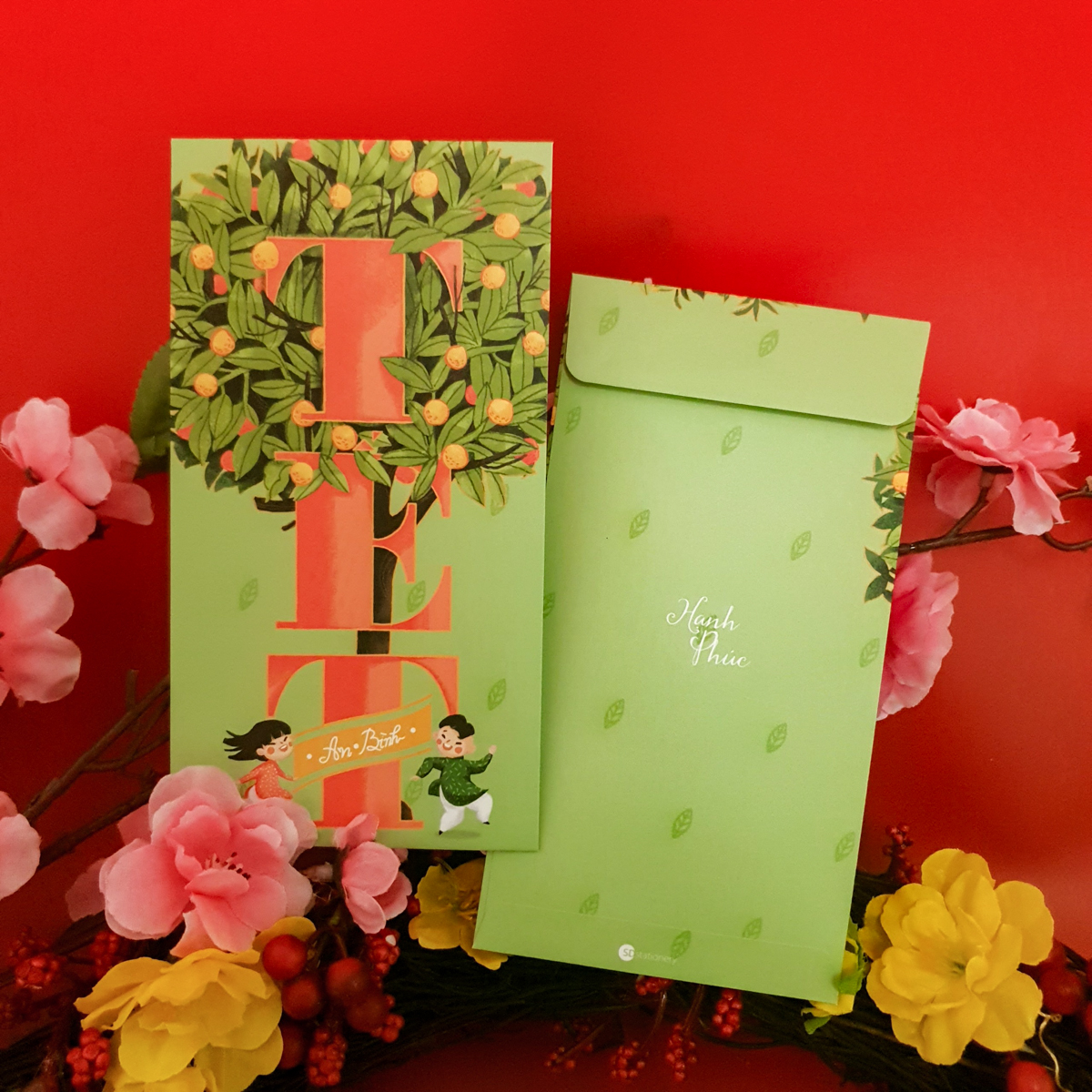 Bao lì xì 9x17 cm SDstationery TẾT AN (set 5 bao) giấy chất lượng cao, cây kim quýt xum xuê với câu chúc Tết an lành