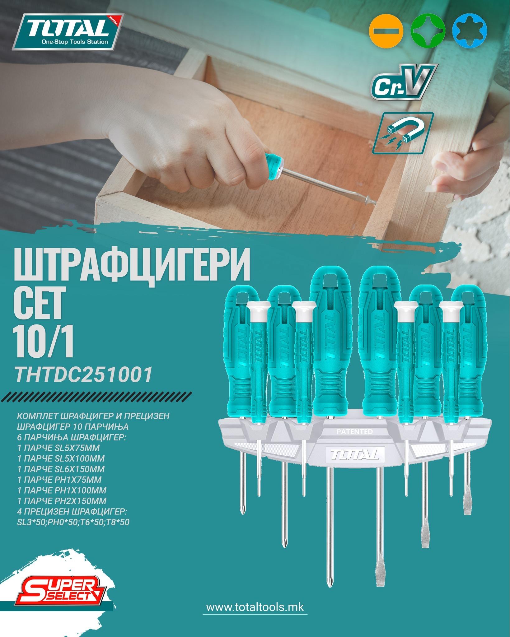 BỘ 10 TUA VÍT DẸP, BAKE, SAO VÀ TUA VÍT CHUẨN TOTAL THTDC251001 - HÀNG CHÍNH HÃNG