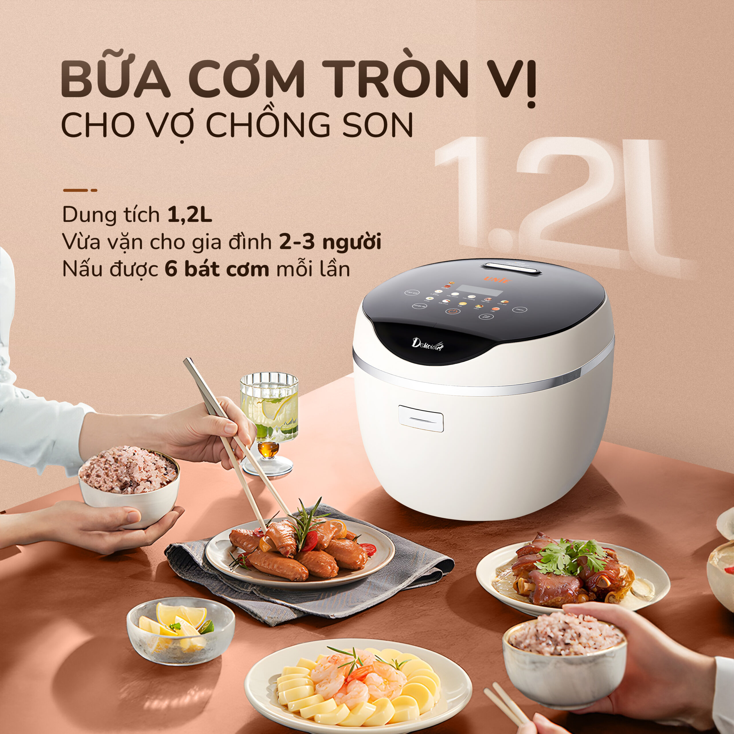 Nồi cơm điện tử UNIE URC612 ,công nghệ nấu cơm giảm đường, lòng nồi inox 304, dung tích 1,2L,công suất 500W, hàng chính hãng BH 12 tháng