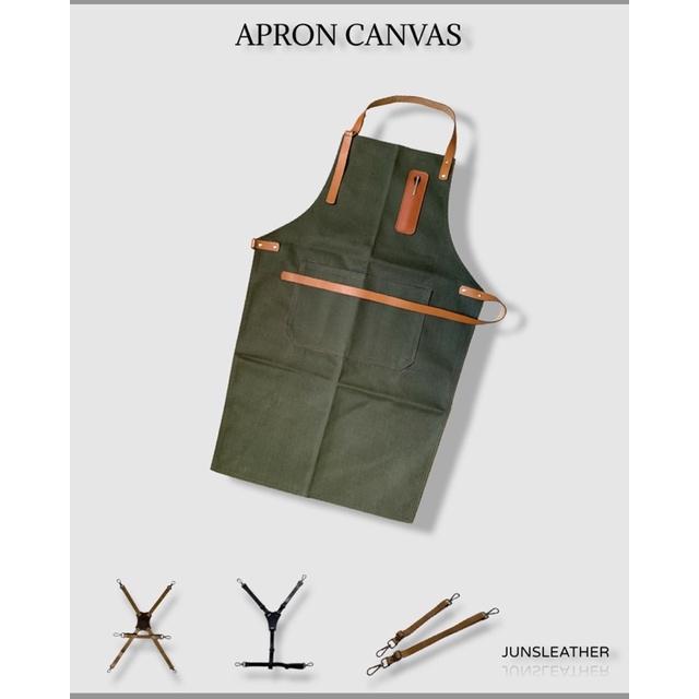 Tạp dề pha chế vải canvas dây da của Junsleather phối da bò cao cấp dành cho Barista/Bartender quán cà phê