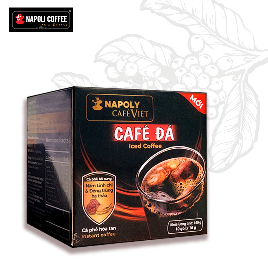 Cà phê hoà tan đen đá 2in1 bổ sung Nấm Linh Chi và Đông trùng hạ thảo Napoli Coffee hộp 10 gói x 16g
