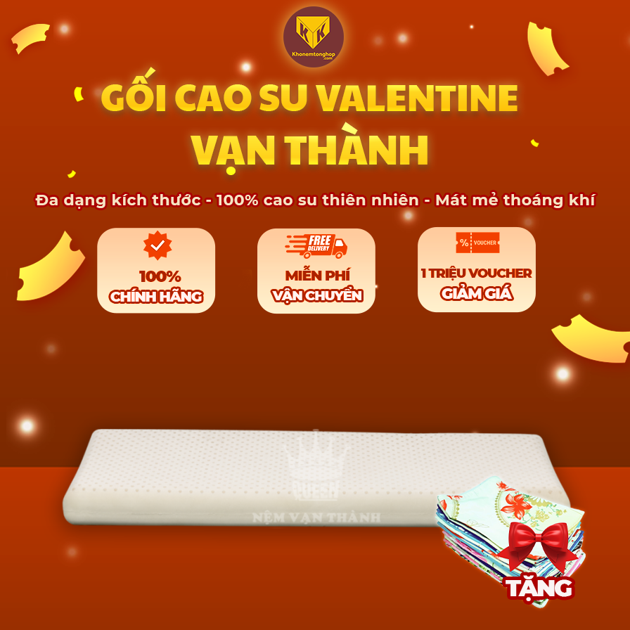 Gối đôi cao su Valentine Vạn Thành dành cho các cặp đôi - 100% từ cao su thiên nhiên tạo sự thư giãn, thông thoáng, dễ chịu - Tặng kèm áo gối [Chính hãng - Cao cấp]