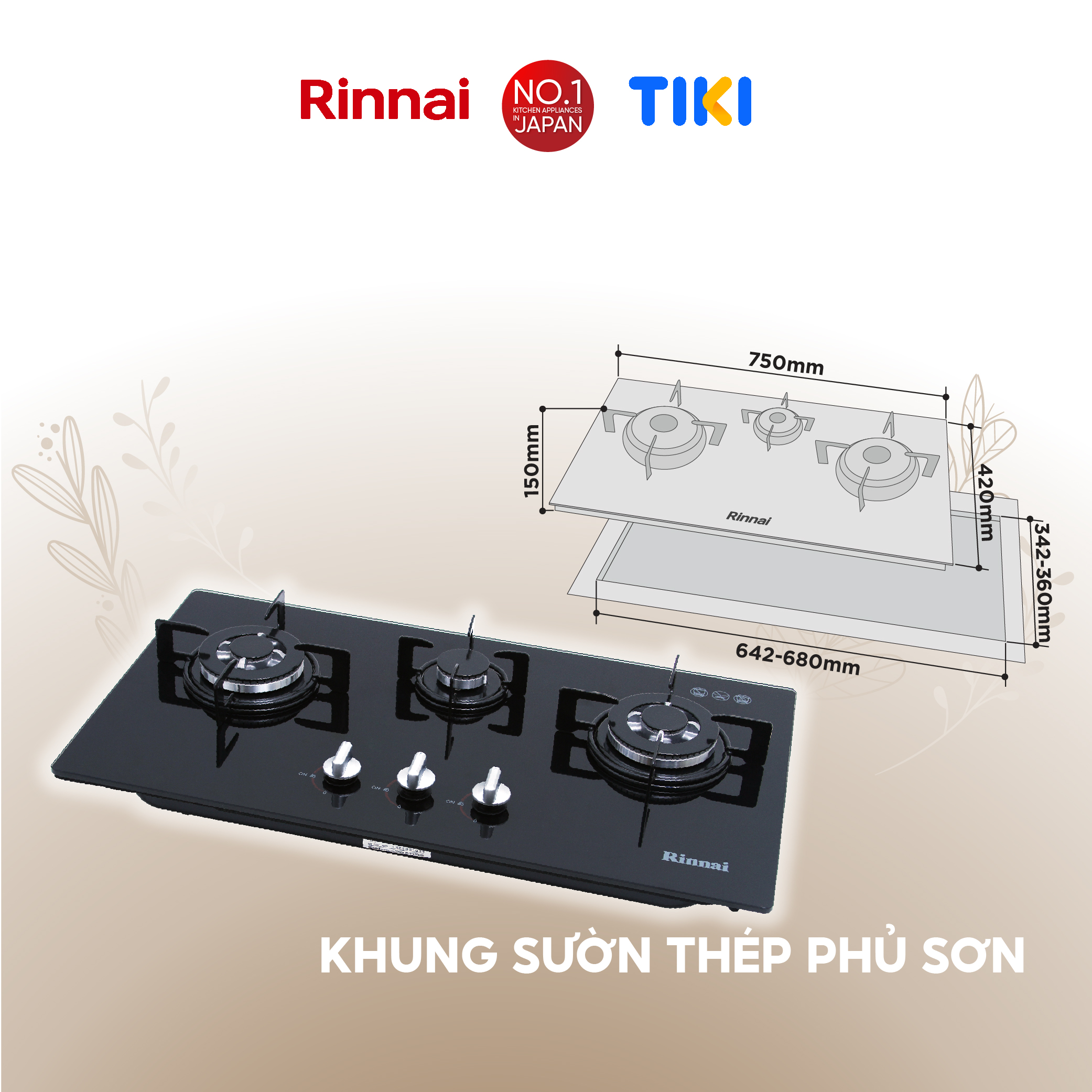 Bếp gas âm Rinnai RVB-312BG mặt bếp kính và kiềng bếp men - Hàng chính hãng.