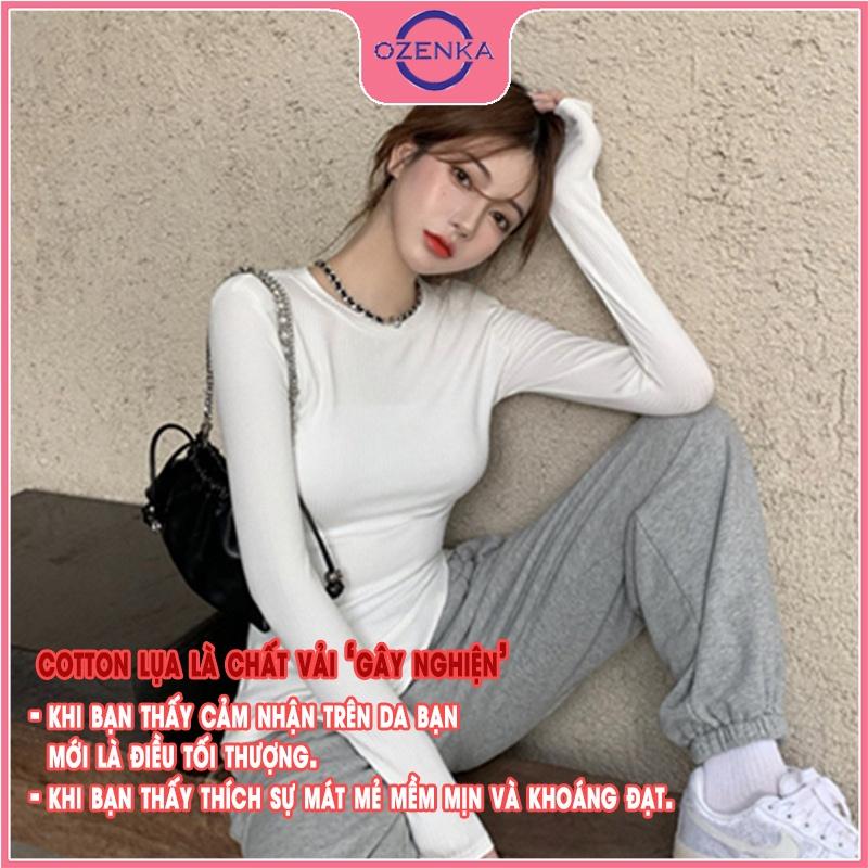 Áo thun croptop nữ tay dài sẻ gấu , ao crt ôm body phong cách Hàn Quốc chất cotton lụa màu đen trắng dưới 52 kg