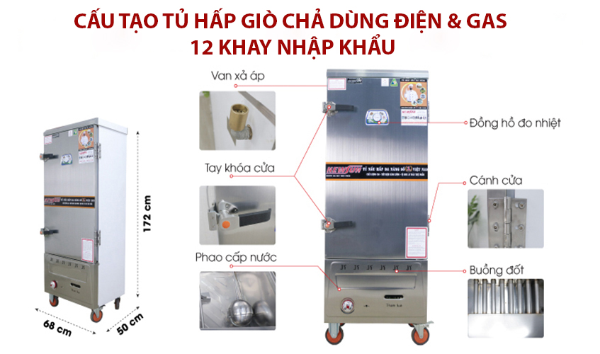 Tủ Hấp Giò Chả, Thực Phẩm 60 Kg Bằng Điện Gas 12 Khay Nhập Khẩu NEWSUN