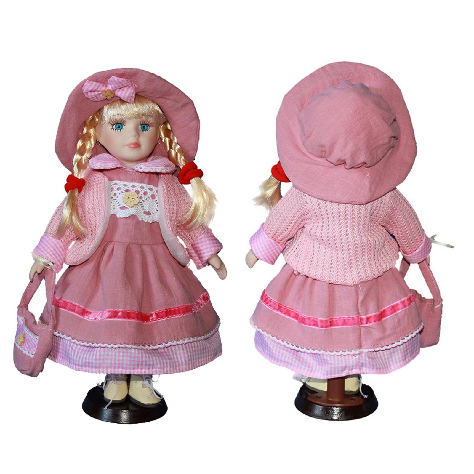 12 inch Elegant Porcelain Doll Collectible Miniatures, 2 Pieces Standing Victorian Girl Lady Doll with Stand, Hat, Shoes and Clothes