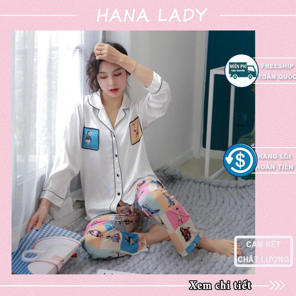 Pijama lụa nữ cao cấp, đồ ngủ mặc nhà họa tiết cô gái sang chảnh chuẩn form dáng cực xinh PJ053