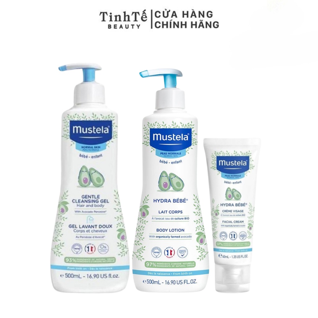 Combo sữa tắm, kem dưỡng da mặt và toàn thân Mustela dành cho bé da thường 40ml/500ml/500ml