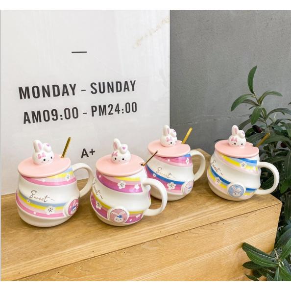 Cốc sứ kỳ lân, thỏ xoáy cầu vồng có nắp thìa - Cốc uống nước họa tiết unicorn dễ thương - quà tặng văn phòng