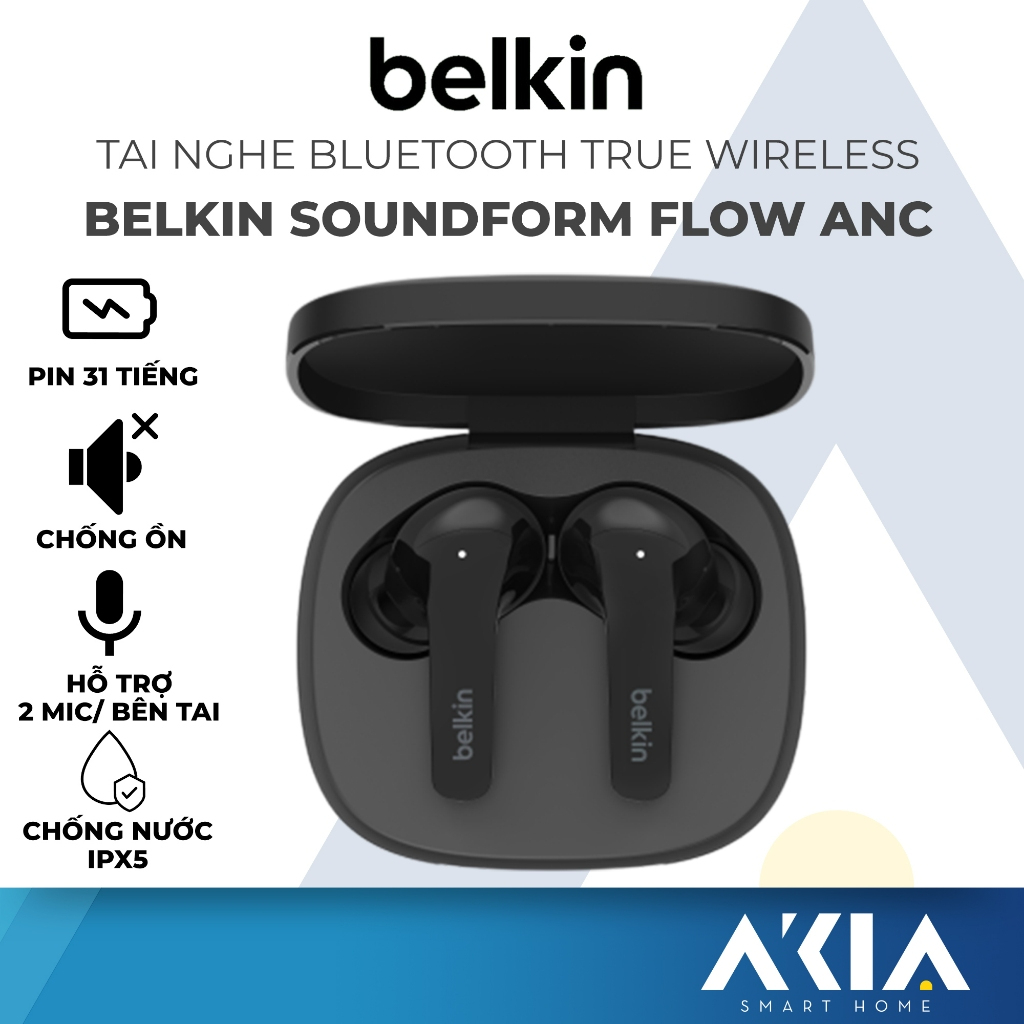 Tai nghe không dây Belkin SoundForm Flow ANC, kết nối bluetooth, chống ồn, pin 31 tiếng, chống nước IPX5, hỗ trợ 2 mic - Hàng chính hãng