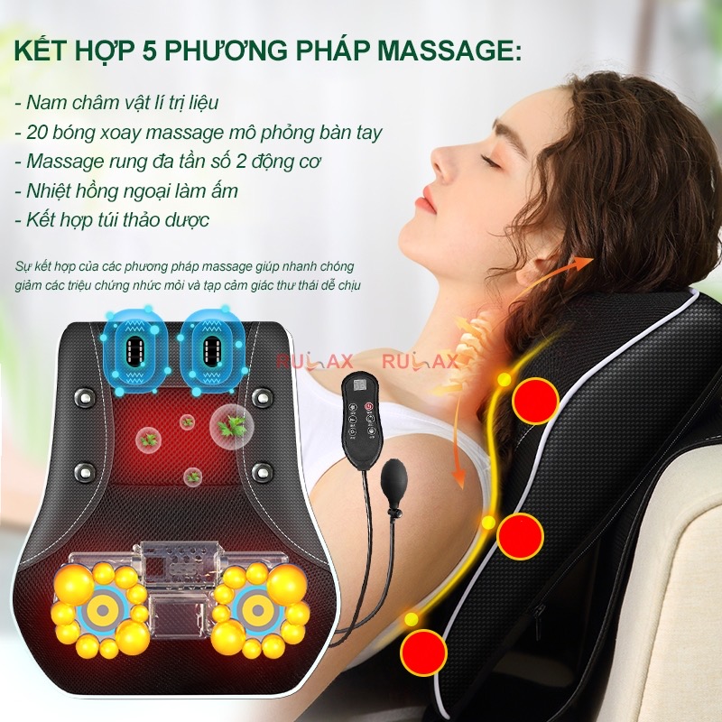 ￼Gối massage cổ vai gáy cao cấp, máy mát xa cổ vai gáy 20 bi có hồng ngoại, chế độ rung, túi khí