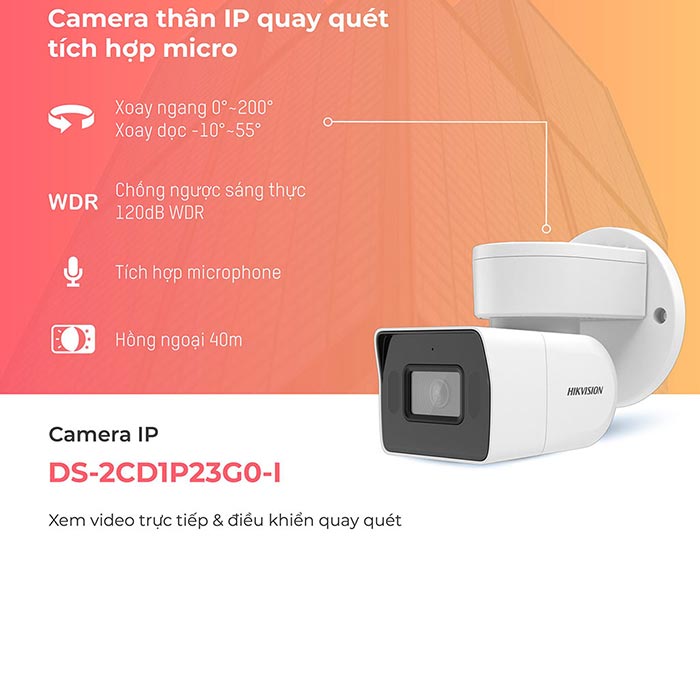 Camera IP thân trụ PTZ 2MP DS-2CD1P23G0-I, quay quét 200 độ, liền mic , hàng chính hãng Hikvision Việt Nam