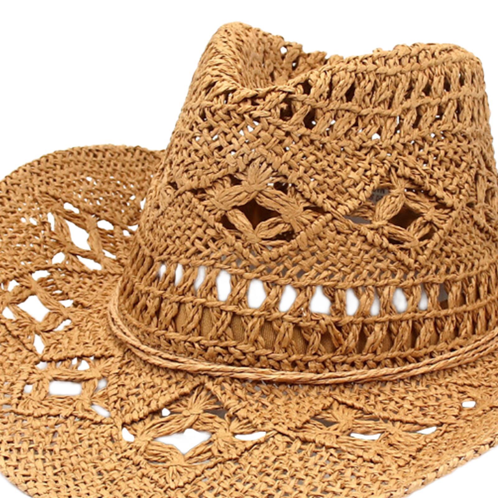 Straw Cowboy Hat Handmade Weave Straw Hats Wide  Hat for Holiday Khaki