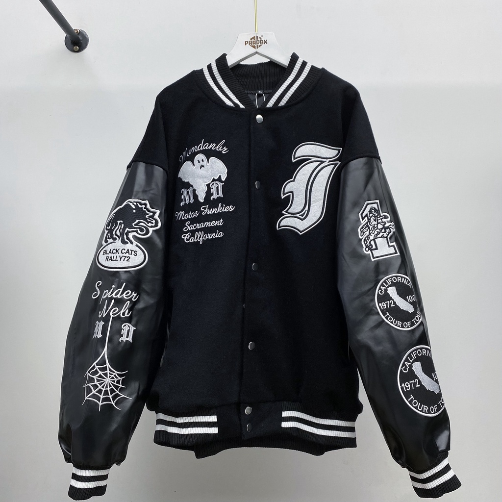 Bomber tay da ghost vintage, varsity jacket nam nữ chất dạ 2 lớp, áo khoác bóng chày local brand unisex - Gin Store