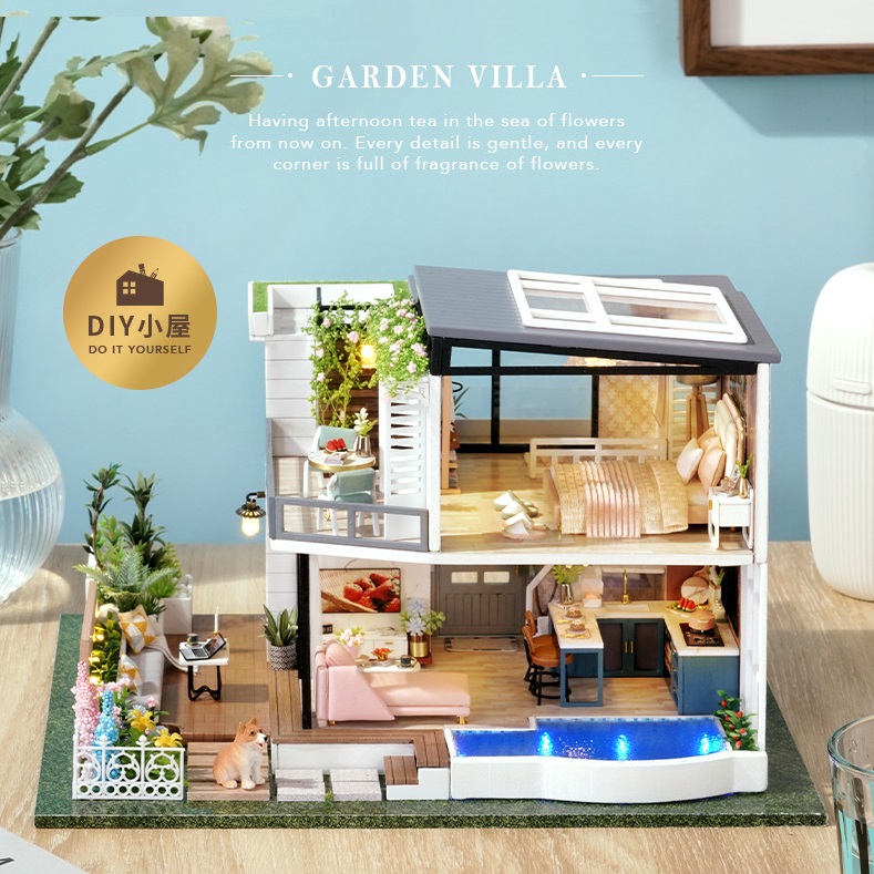 Nhà búp bê tự làm Doll House Miniature- Mô hình  Modern Green Garden- CÓ TẤM CHE BỤI + KEO + CÓT Nhạc