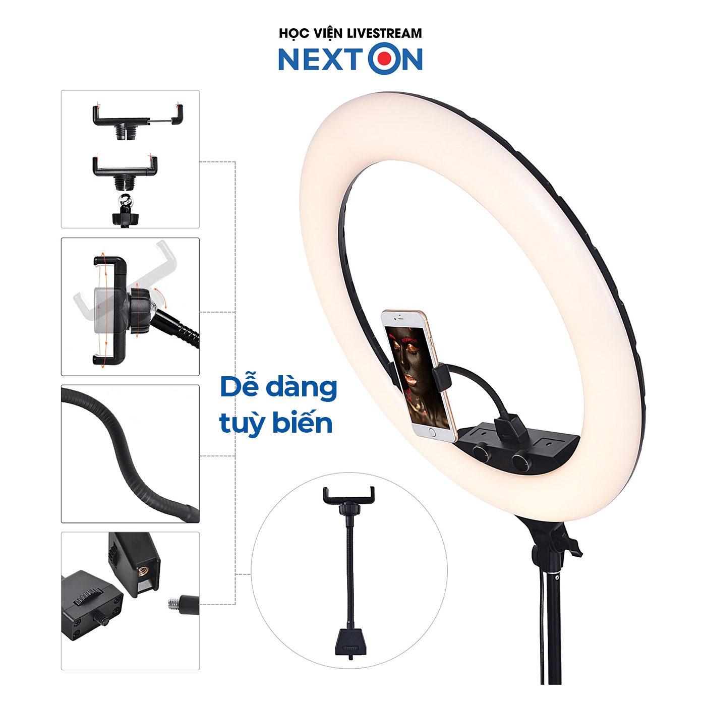 Đèn livestream ring 45cm, Makeup, Quay Phim Vlog Video, Chụp Ảnh SelfieXăm nghệ thuật RL-18 + 3 kẹp điện thoại + Điều khiển từ xa