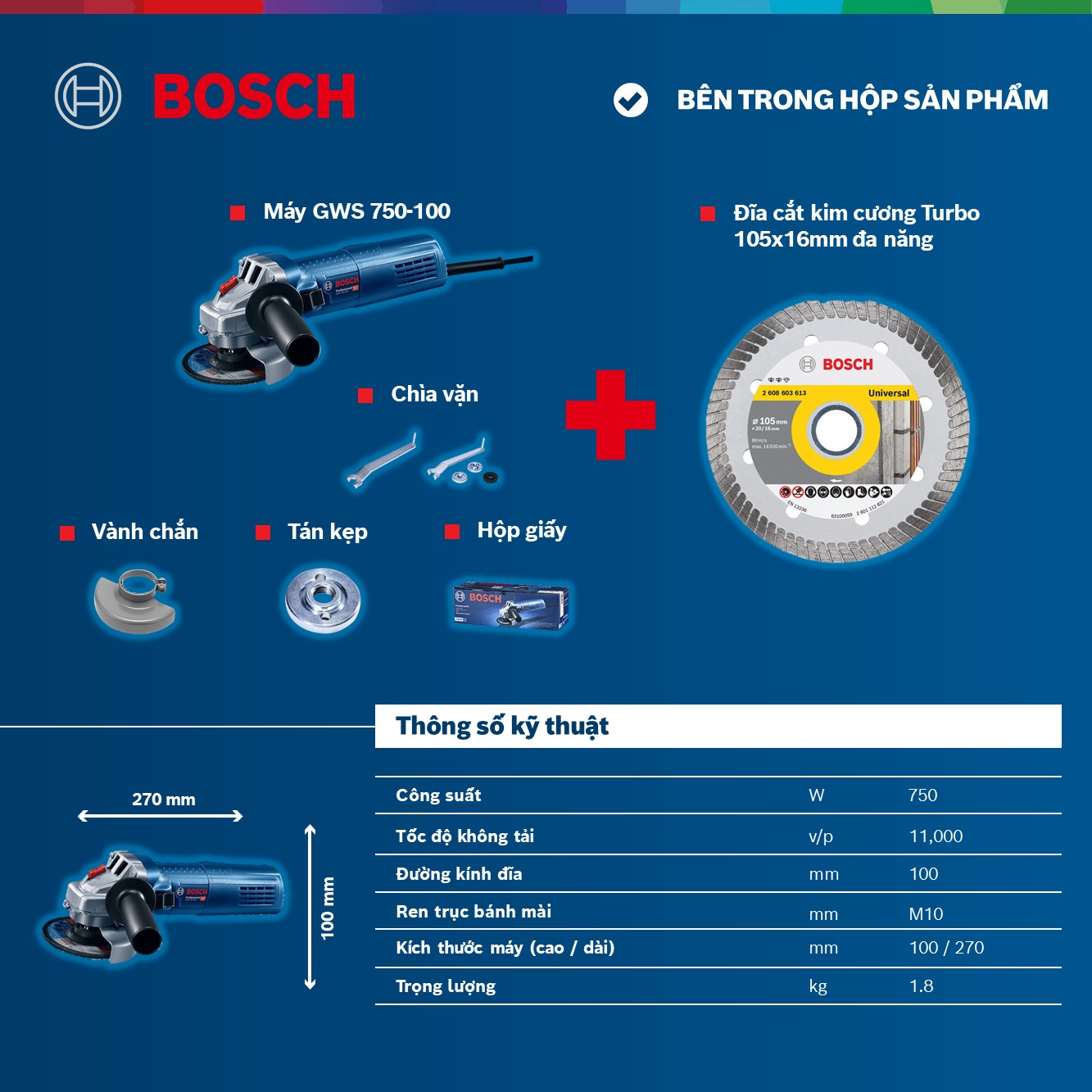 Combo Máy mài góc Bosch GWS 750-100 và Đĩa cắt kim cương Turbo 105x16mm đa năng