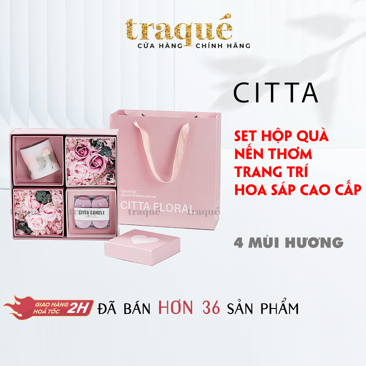 Set hộp quà 4 ô trang trí hoa và nến thơm/tinh dầu cao cấp và sang trọng