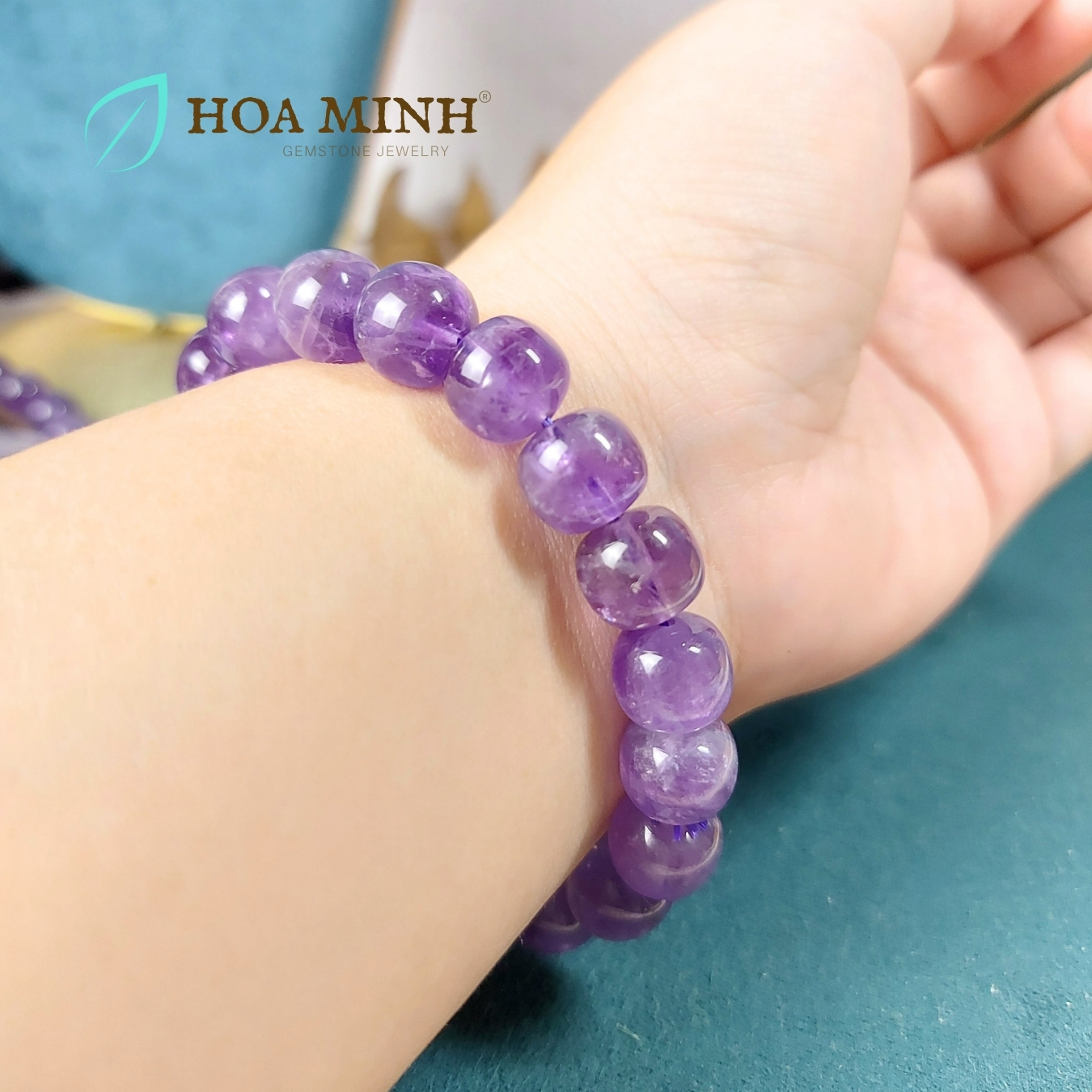 Vòng tay đá Thạch Anh Tím Amethyst tự nhiên hạt vuông bo tròn size 11 li phong cách cổ điển, hoàng gia
