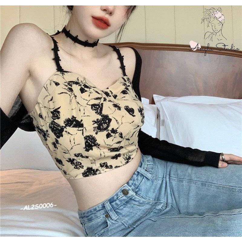 Áo 2 dây nữ hoa hồng có mút ngực sexy Tặng kèm choker, Áo croptop nữ nhún sau chất cotton mềm mịn M16