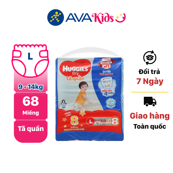 Tã quần Huggies Dry size L 68 miếng (cho bé 9 - 14kg)