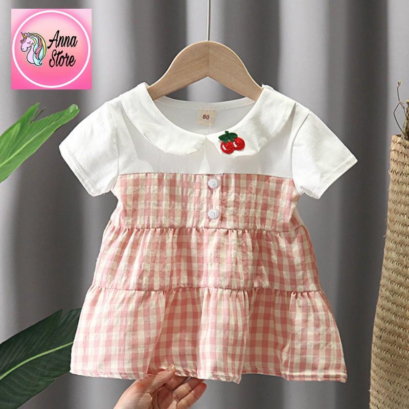 Váy Đầm Bé Gái Ngắn Tay Caro Hồng, Cổ Sen Thêu Chery Đỏ, Cotton mát hút mồ hôi,  Anna store