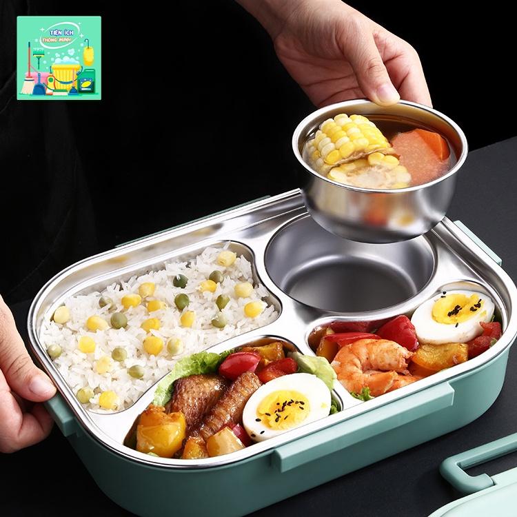 Hộp đựng cơm văn phòng giữ nhiệt hiện đại, 4 ngăn chống tràn, có bát để canh, tặng kèm đũa thìa inox siêu bền - TT1214
