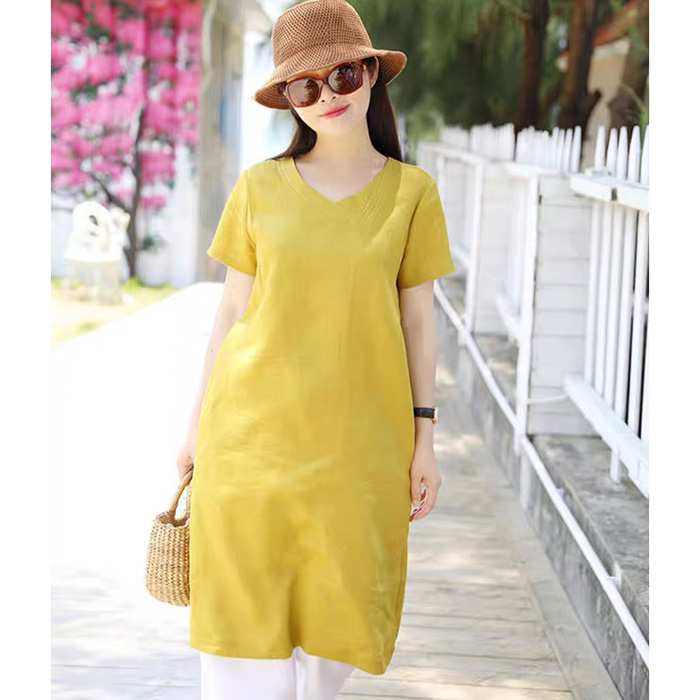 Đầm suông linen cổ tim tay ngắn trẻ trung ArcticHunter, thời trang thương hiệu chính hãng