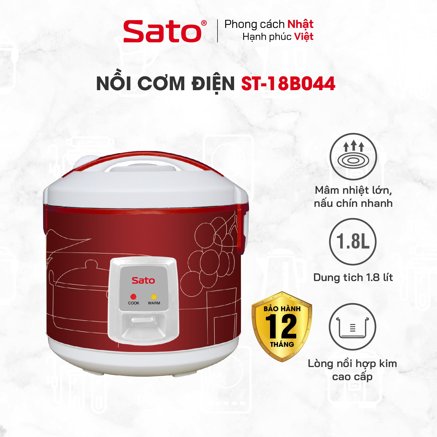 Nồi cơm điện SATO 18B044 1.8L - Lòng nồi hợp kim nhôm phủ chống dính cao cấp, an toàn cho sức khỏe - Miễn phí vận chuyển toàn quốc - Hàng chính hãng