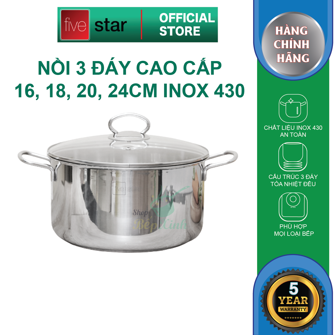Nồi inox bếp từ Fivestar nắp kính , dùng được mọi bếp , tặng 1 vá canh