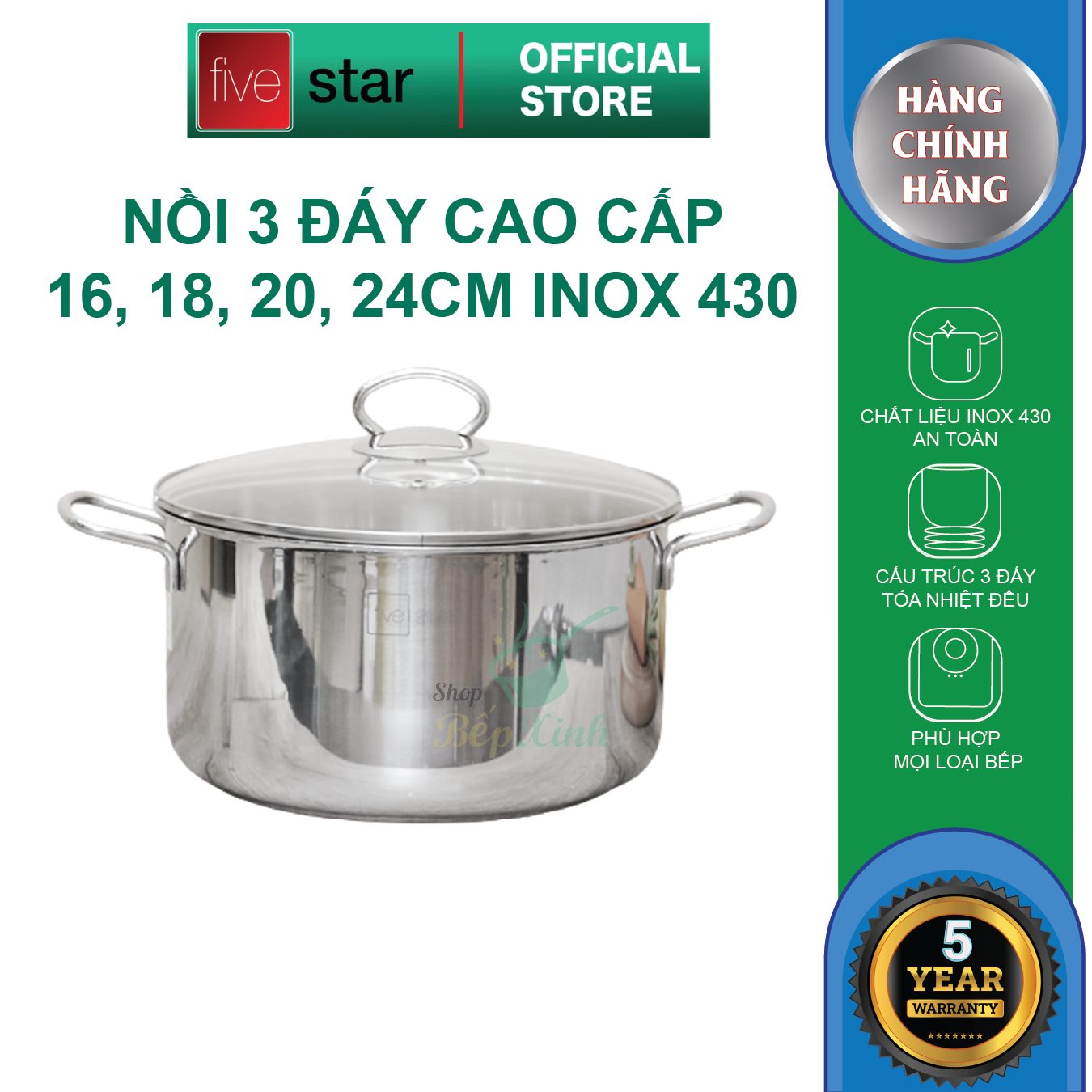 Nồi inox bếp từ Fivestar nắp kính ( 18cm/ 24cm / 26cm / 28cm ), dùng được mọi bếp , tặng 1 vá canh