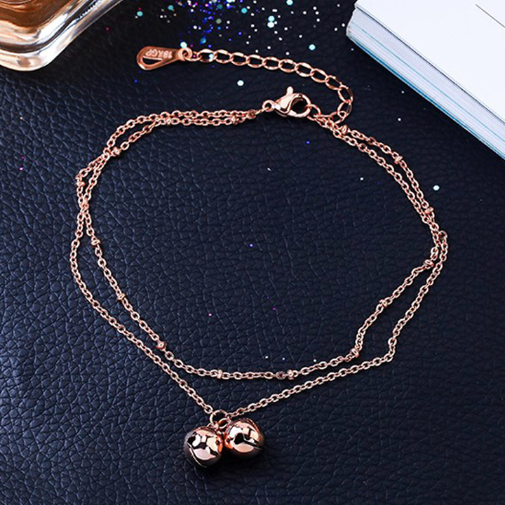 Lắc chân nữ 2 tầng treo lục lạc leng keng màu vàng hồng WLC514H