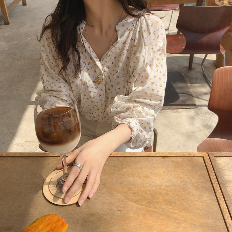Áo sơ mi hoa nhí dài tay viền bèo thời trang Hàn Quốc, Áo sơ mi họa tiết hoa nhí cực xinh ngày hè