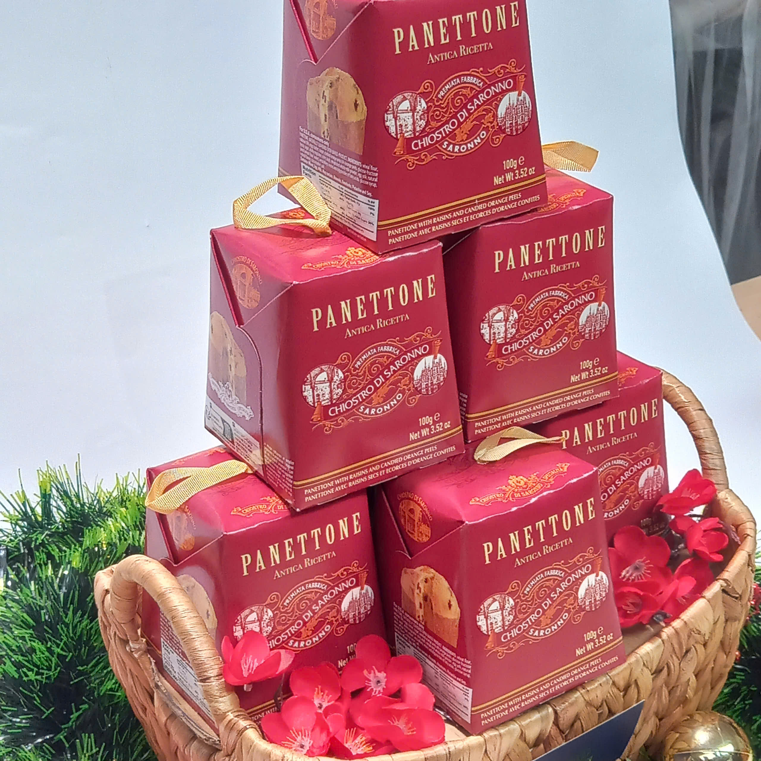 GIỎ QUÀ TẶNG GIÁNG SINH BÁNH PANETTONE CHIOSTRO DI SARONNO, BÁNH GIÁNG SINH PANETTONE CHIOSTRO DI SARONNO (SET 7 hộp bánh 100g)