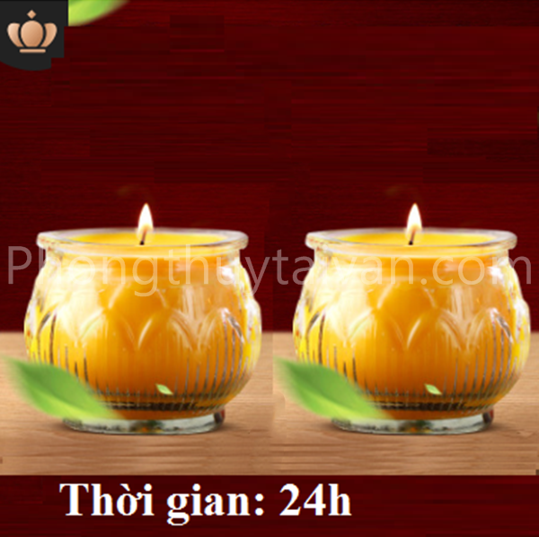 Nến ly BƠ vàng 24h/1 ngày HOA SEN tự nhiên-bơ sáp thủy tinh/cặp - thờ cúng