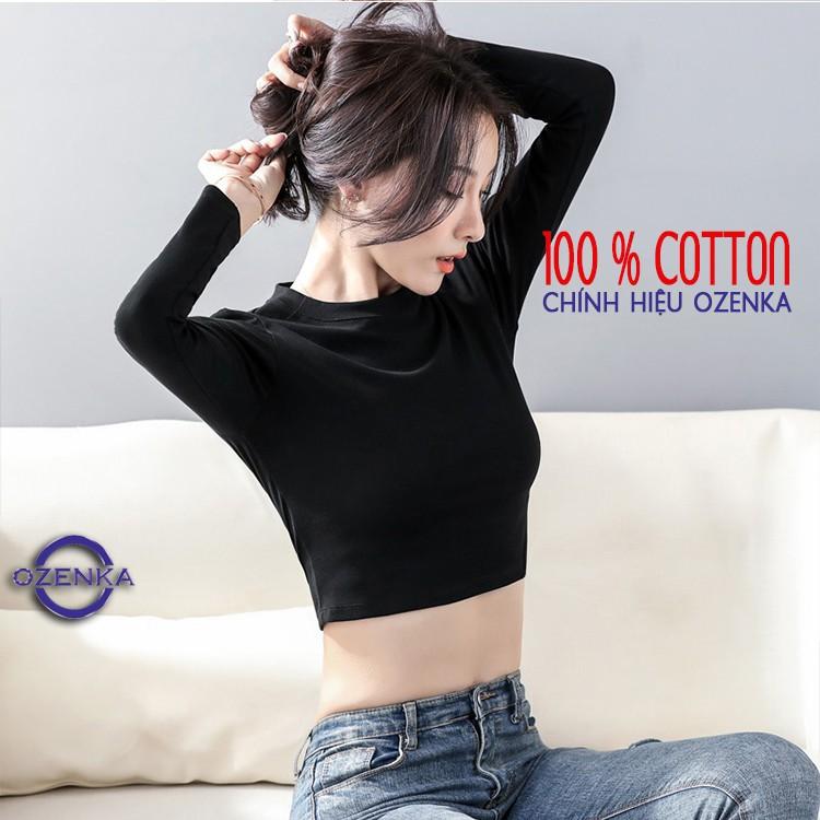 Áo croptop tay dài ôm nữ đen trắng thun gân , áo thun crt body 100% cotton free size 40 đến 53 kg CRT 263