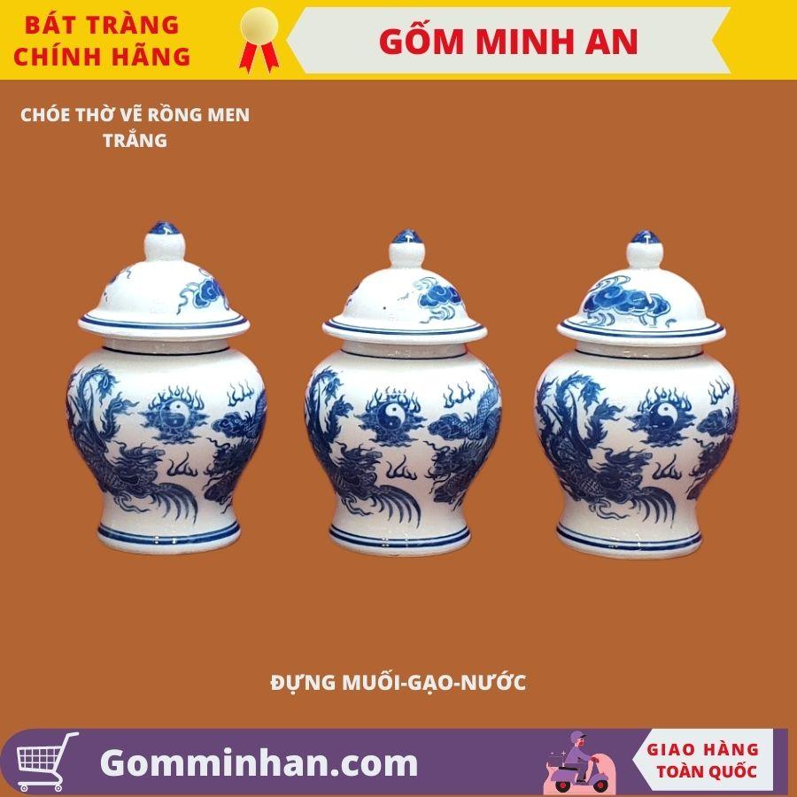 Chóe thờ Chóe Cúng Vẽ Rồng Men Trắng Cao Cấp- Gốm Sứ Bát Tràng- Gốm Minh An