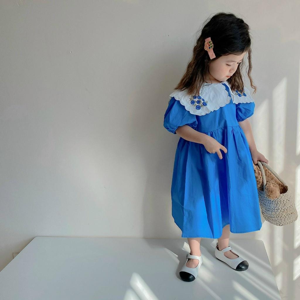 Đầm babydoll thêu hoa phong cách Hàn Quốc cho bé gái tone xanh size 12-35kg chất kate mềm mát