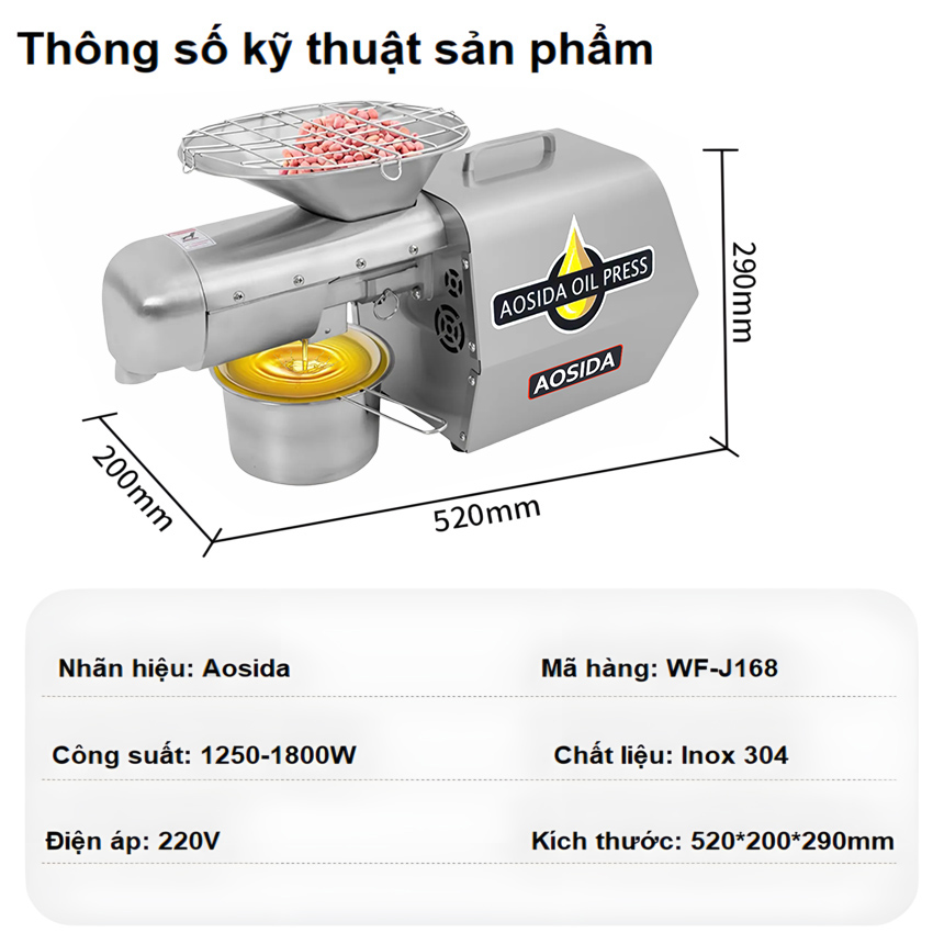 Máy ép dầu thực vật Nóng và Lạnh, dùng trong gia đình hoặc nhà hàng. Thương hiệu Anh Quốc AOSIDA cao cấp WF-J168. Hàng chính hãng