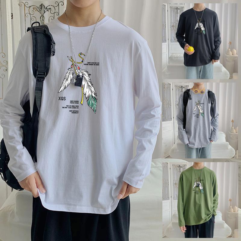 Áo thun cotton tay dài in hình lông vũ 4 màu phong cách năng động  cho nam