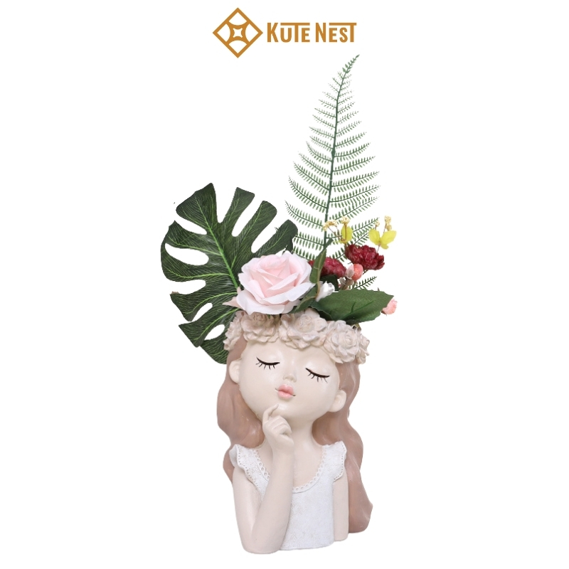 Bình hoa cô gái chống cằm, tóc búi, bình hoa composite cao cấp – Trang trí nội thất sang trọng - KT cao 27cm