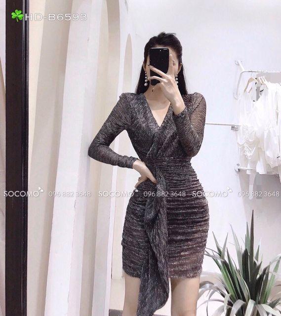 Đầm ôm nhũ kim tuyến ( Size S-M-L-XL ) tay dài cổ V đắp chéo eo phối bèo HÀNG THIẾT KẾ Cao Cấp