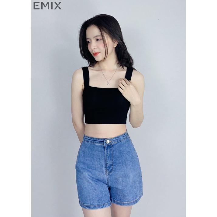 Áo croptop nữ 2 dây bản to EMIX (4 màu), dáng ngắn, cổ vuông, có mút lót, vải cotton co giãn, thấm hút tốt 6045