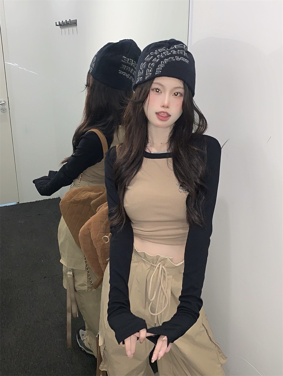 SET ÁO CROPTOP THUN RAGLAN TAY DÀI + QUẦN SUÔNG ỐNG RỘNG TÚI HỘP