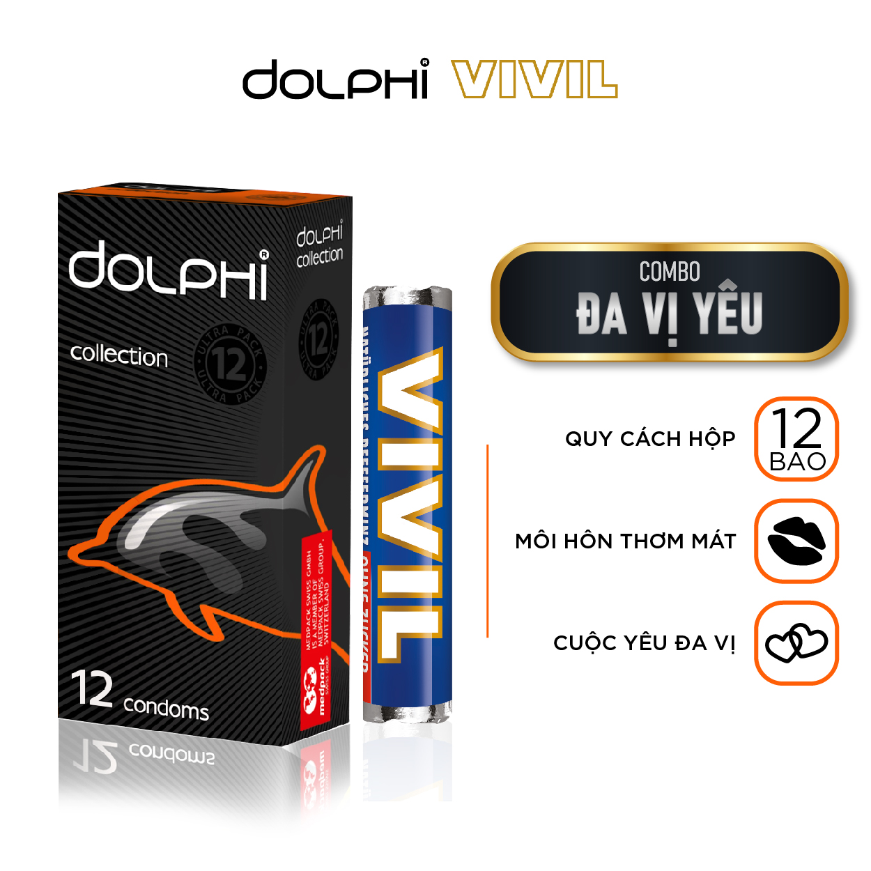 Combo Đa Vị Yêu- BCS Siêu Mỏng Tự Nhiên Dolphi Collection (Hộp 12 bao)+Kẹo Ngậm Không Đường Hương Bạc Hà-Vivil (Thỏi28g)