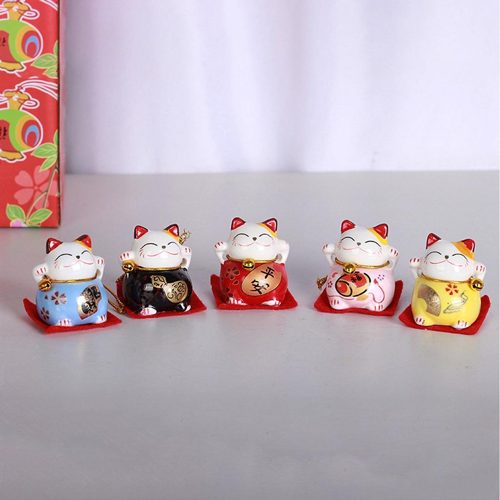 Bộ 5 Tượng Mèo May Mắn Neko Mini Để Bàn Để Xe Hơi Chiều Cao 4cm Chất Liệu Sứ Phủ Men Sáng Bóng.