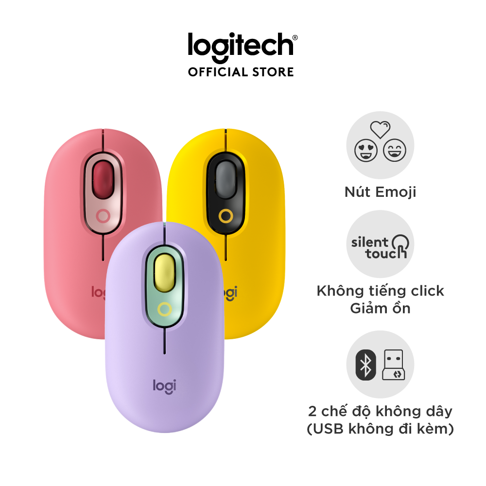 Chuột không dây bluetooth Logitech POP MOUSE - giảm ồn, nút emoji tùy chỉnh - Hàng chính hãng