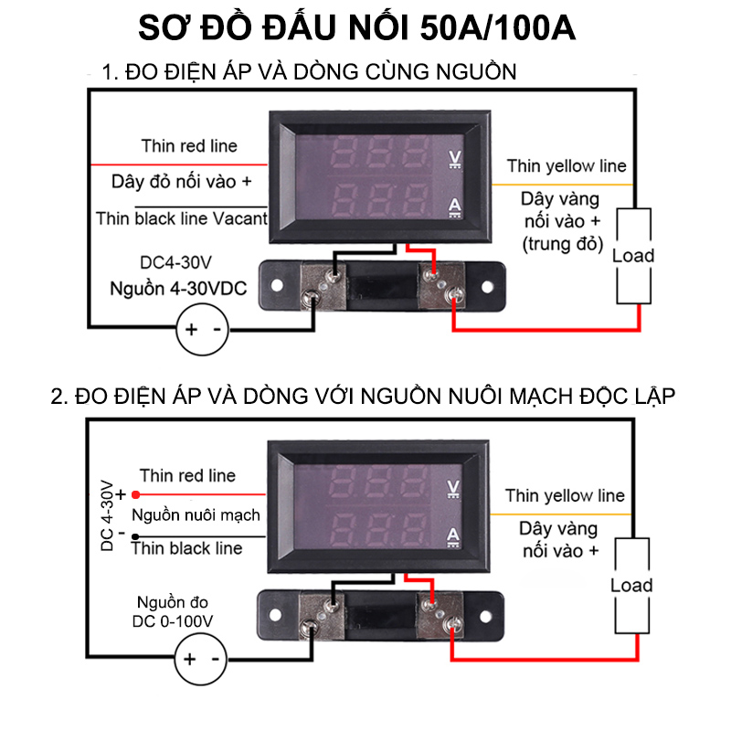 Đông hồ đo vôn kế 0-100V và ampe kế 50A bao gồm thanh điện trở đấu nối Shunt